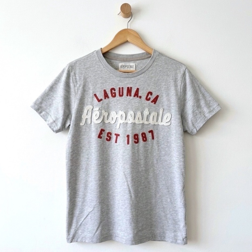 Aeropostale Mens‎ Laguna CA Graphic T-Shirt Gray Medium Y2K Patches READ